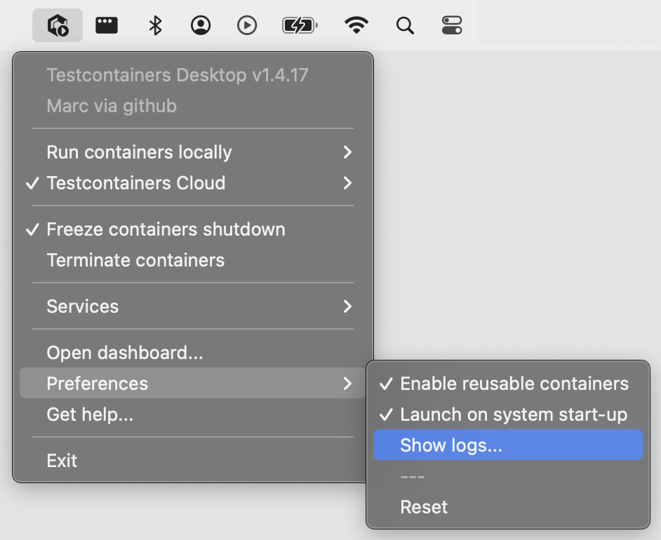 Testcontainers Desktop show logs